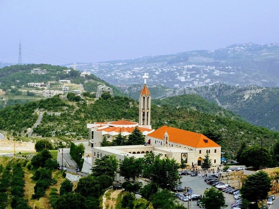 Aerial view of Saint Maron Monastery in Annaya, Lebanon, where the body of Saint Sharbel is present